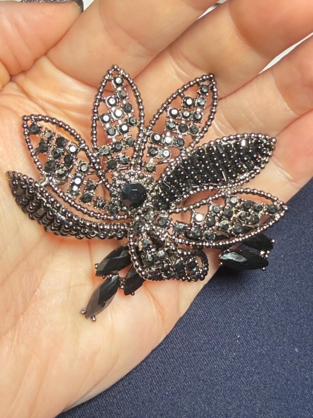 LC Liz Claiborne Black Flower Brooch Openwork Floral Pin 3D Statement